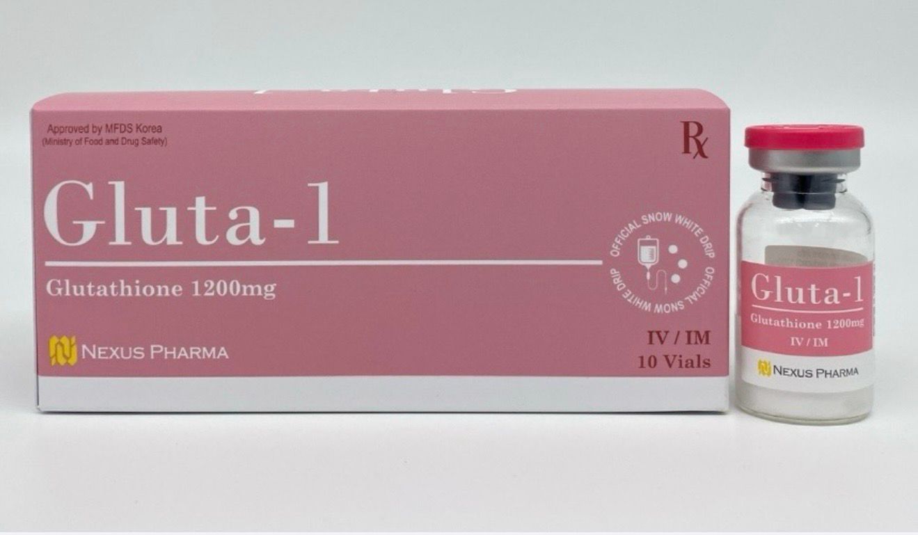 Gluta-1 injection box and vial in pink packaging on a white background