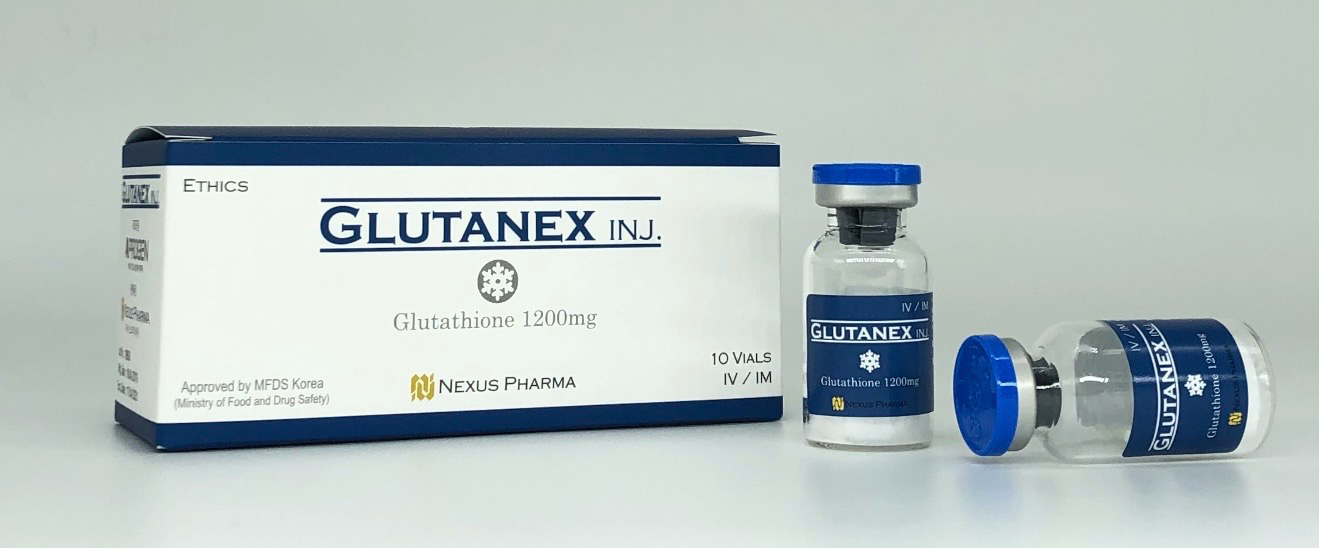 GLUTANEX product box with two blue-capped vials on a white background