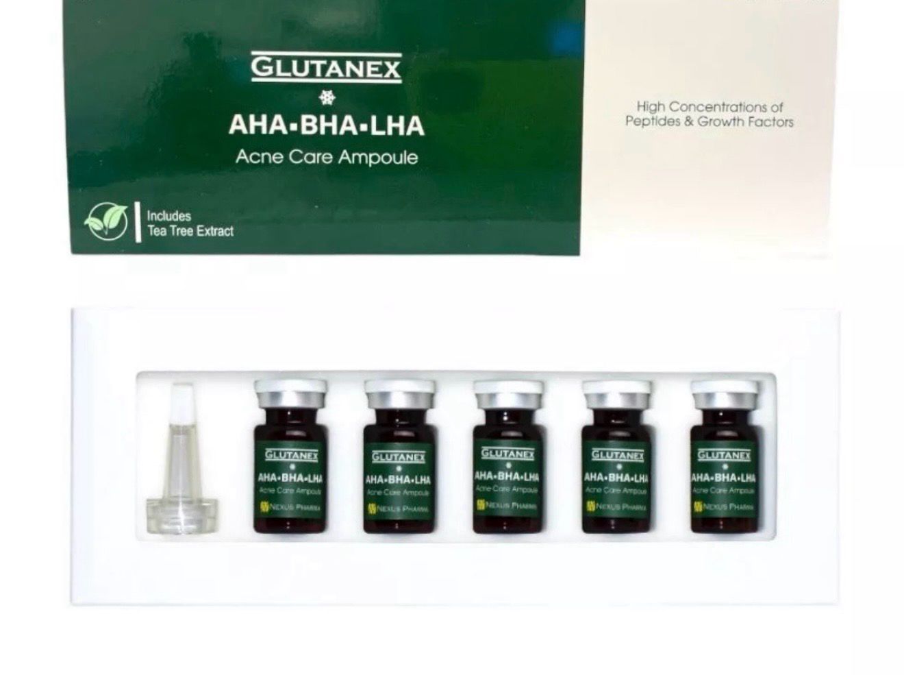 Green Glutanex AHA-BHA-LHA acne care ampoule box with five vials and dropper tray