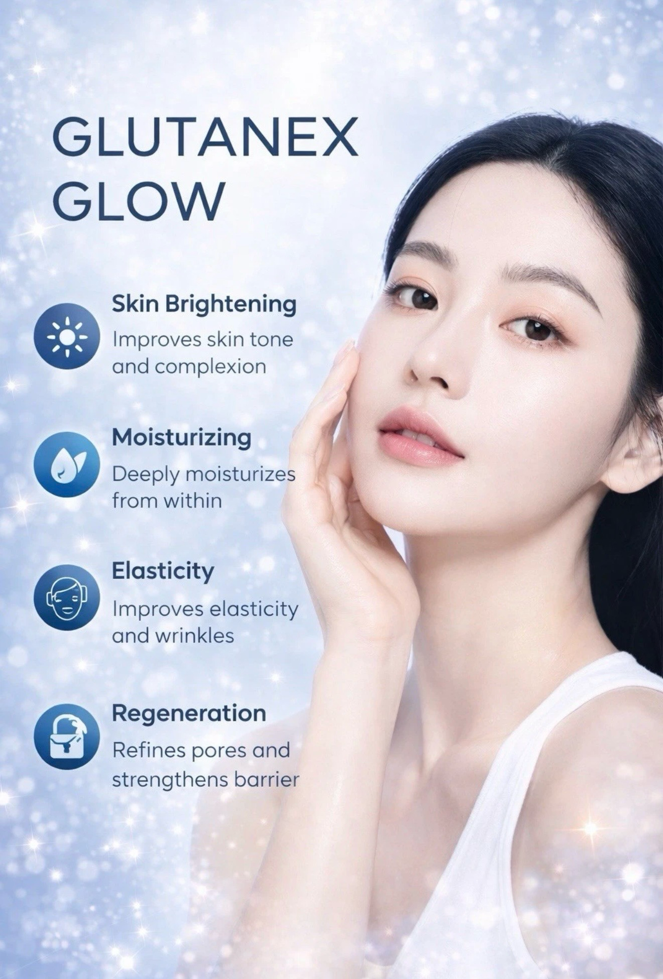 Glutanex Glow skincare ad with a woman’s face and claims of brightening, moisturizing, elasticity, and regeneration