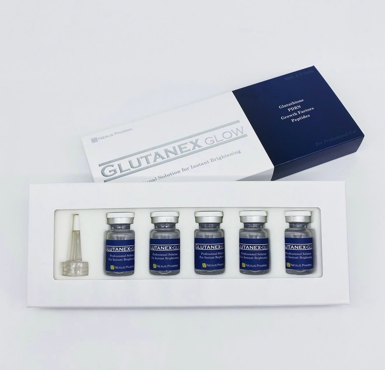 Glutathione Glow skincare kit with five blue vials in a white box and matching navy box