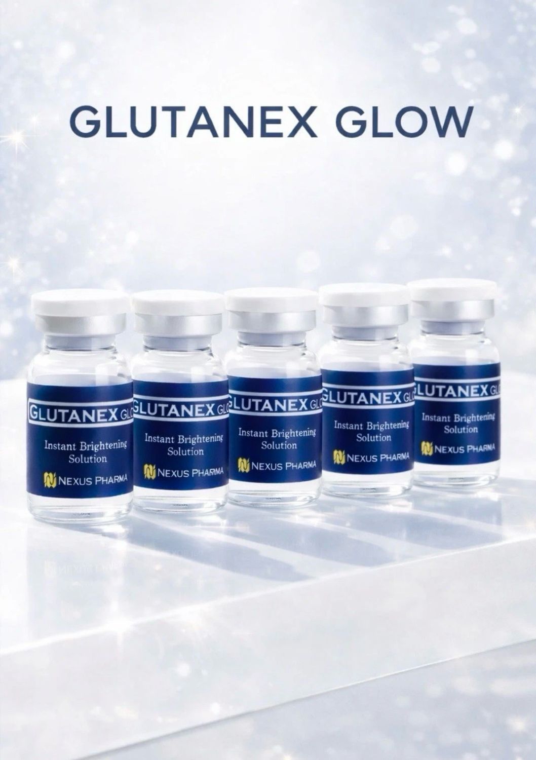 GLUTANEX GLOW bottles displayed on a bright white surface with soft sparkles