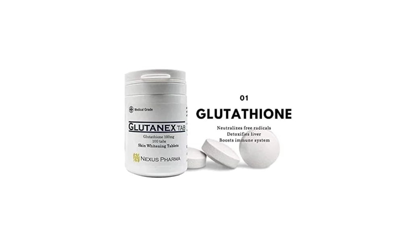 White supplement bottle and spilled powder labeled “Glutathione” on a clean background
