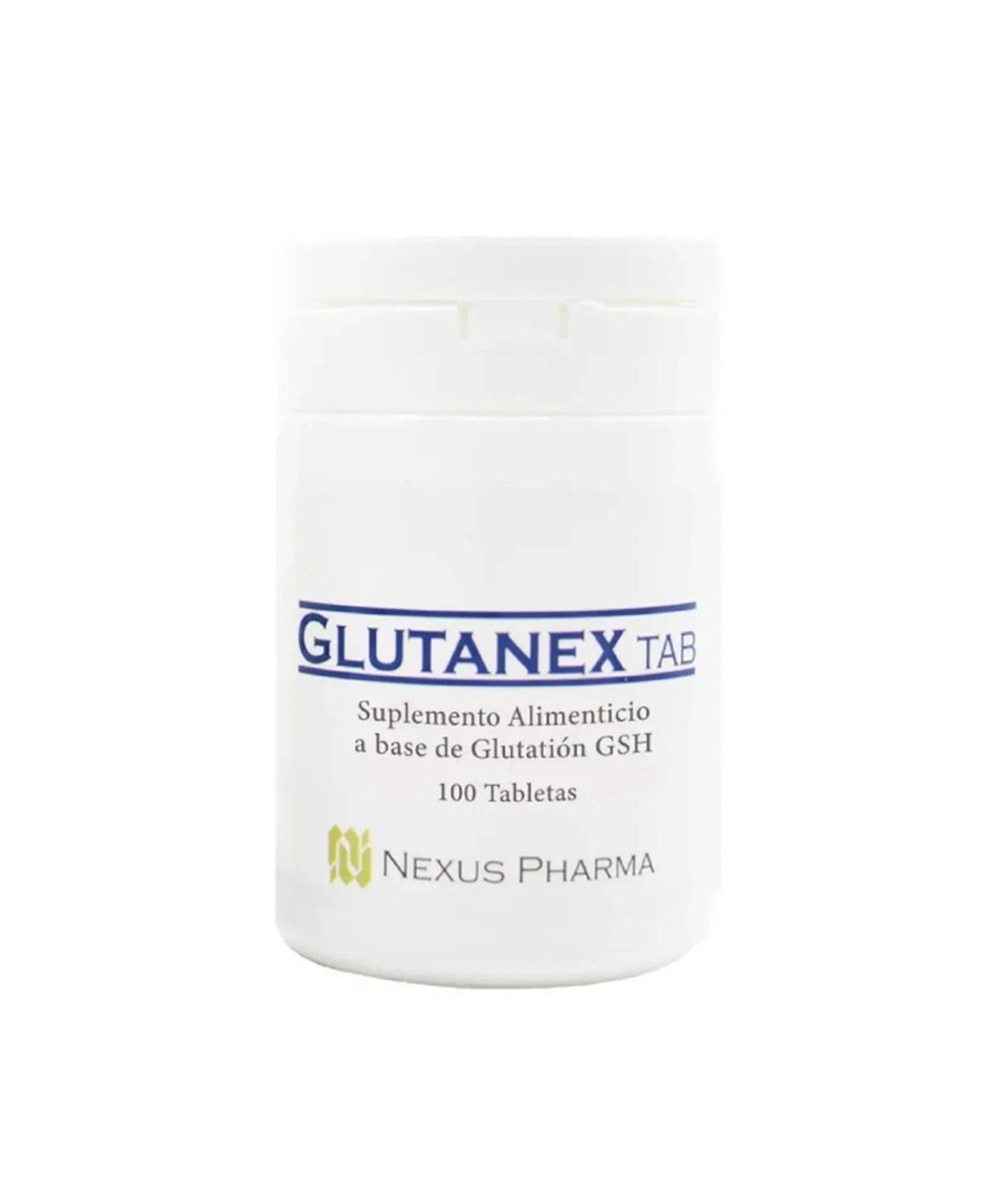 White bottle labeled “GLUTANEX TAB” by Nexus Pharma on a plain background