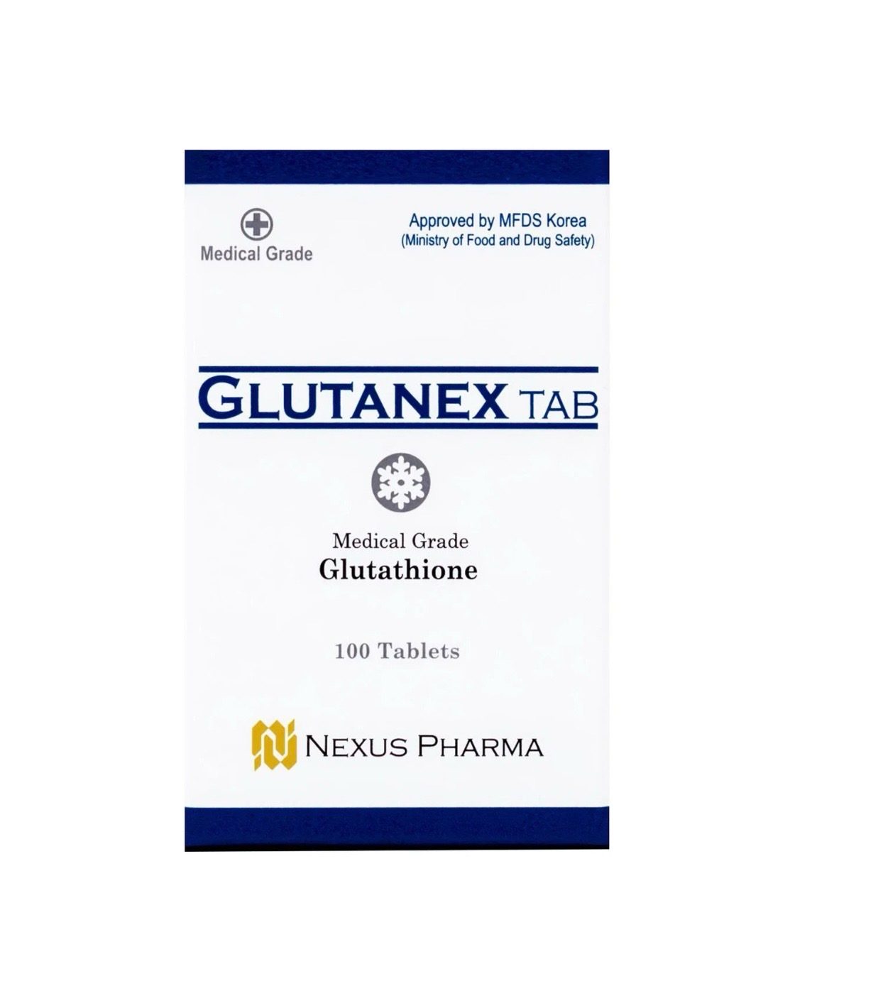 White medicine box labeled “GLUTANEX TAB” with glutathione by Nexus Pharma, front view
