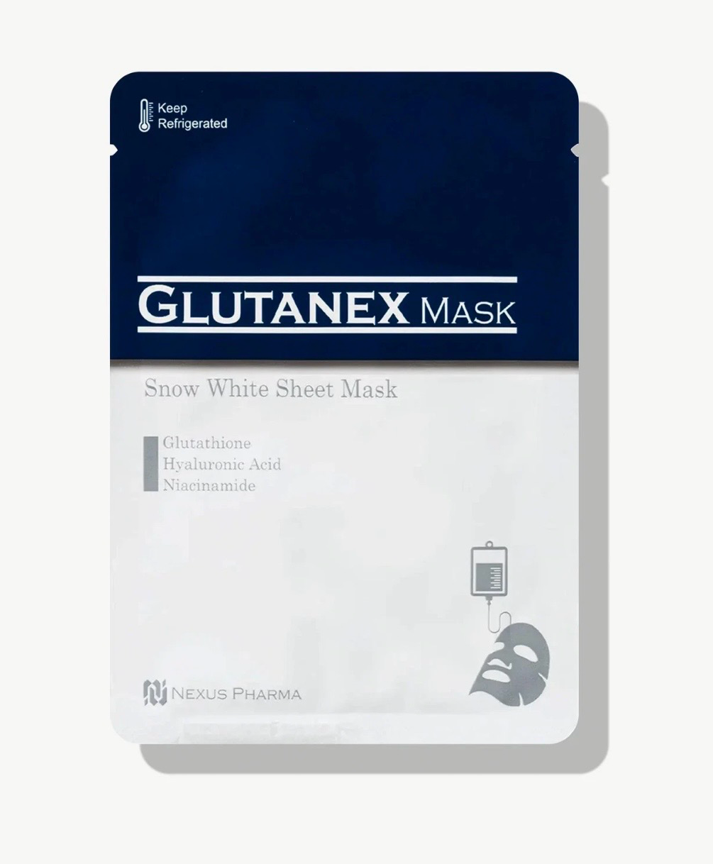 GLUTANEX Mask sachet, dark blue and white skincare packet with a silver shadow