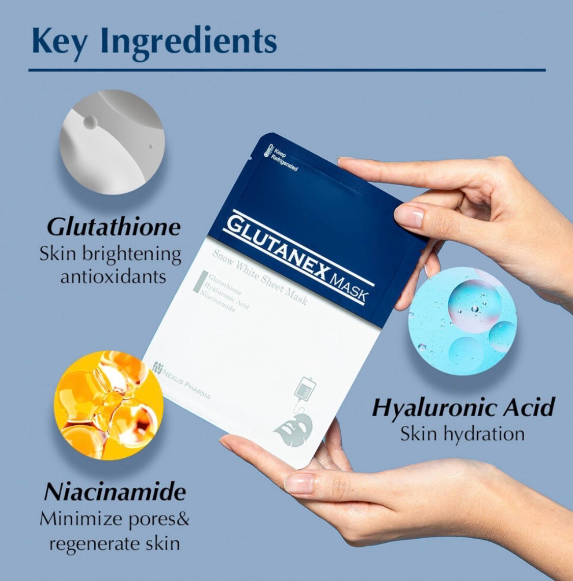 Glutamine skincare packaging with key ingredients: glutathione, niacinamide, and hyaluronic acid.