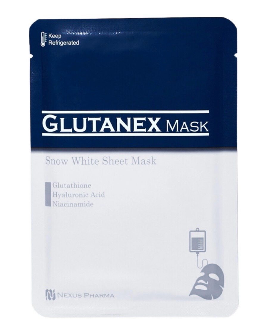 Blue-and-white GLUTANEX MASK skincare pouch with snow white sheet mask packaging