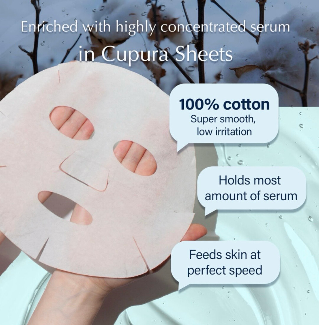 White serum sheet mask on hand with text about 100% cotton, high serum absorption, and low irritation
