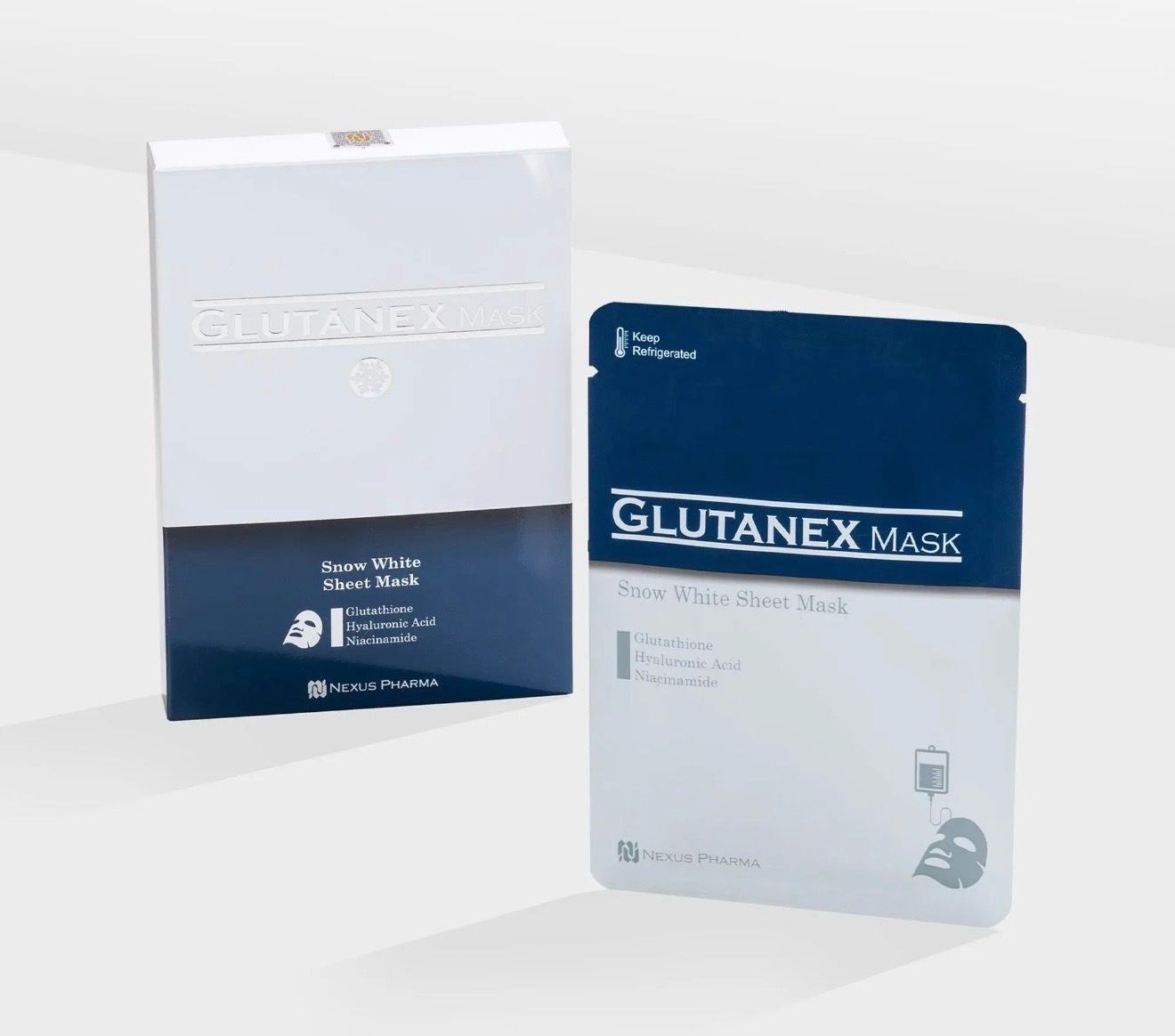Two Glutanex Mask skincare product boxes, one white and navy, one light gray and blue.