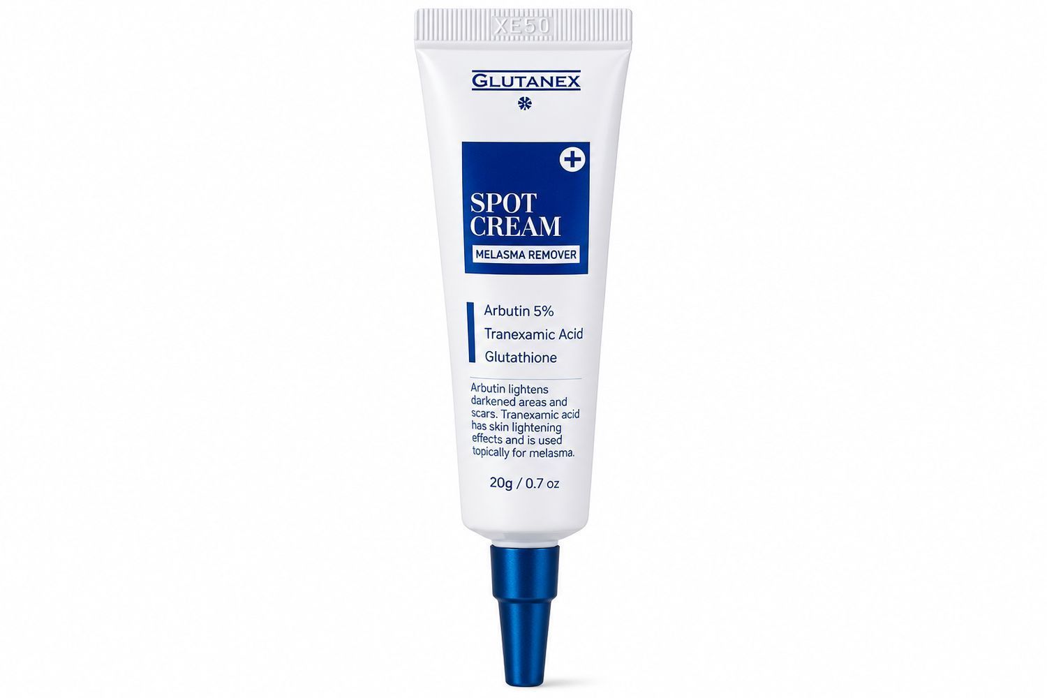 White tube of blue spot cream standing upright on a white background