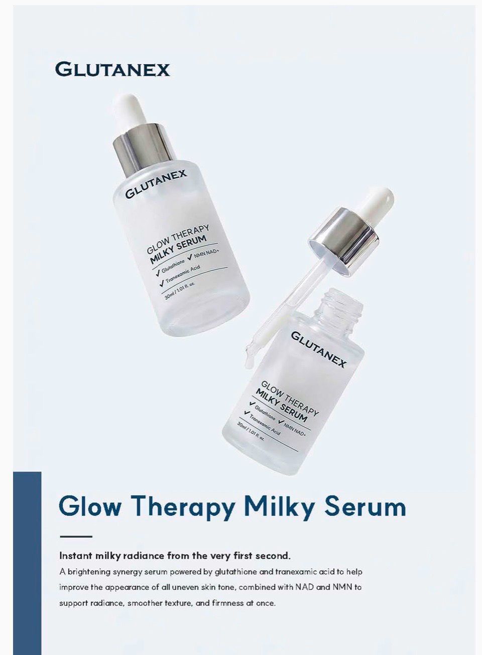 Glutanex Glow Therapy Milky Serum ad with two white serum bottles on a pale blue background