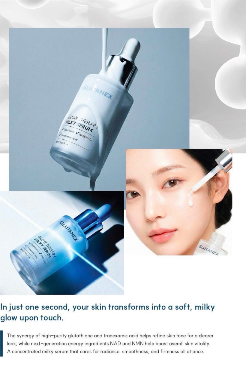 Skincare serum bottles and a woman applying serum to her cheek on a soft blue background