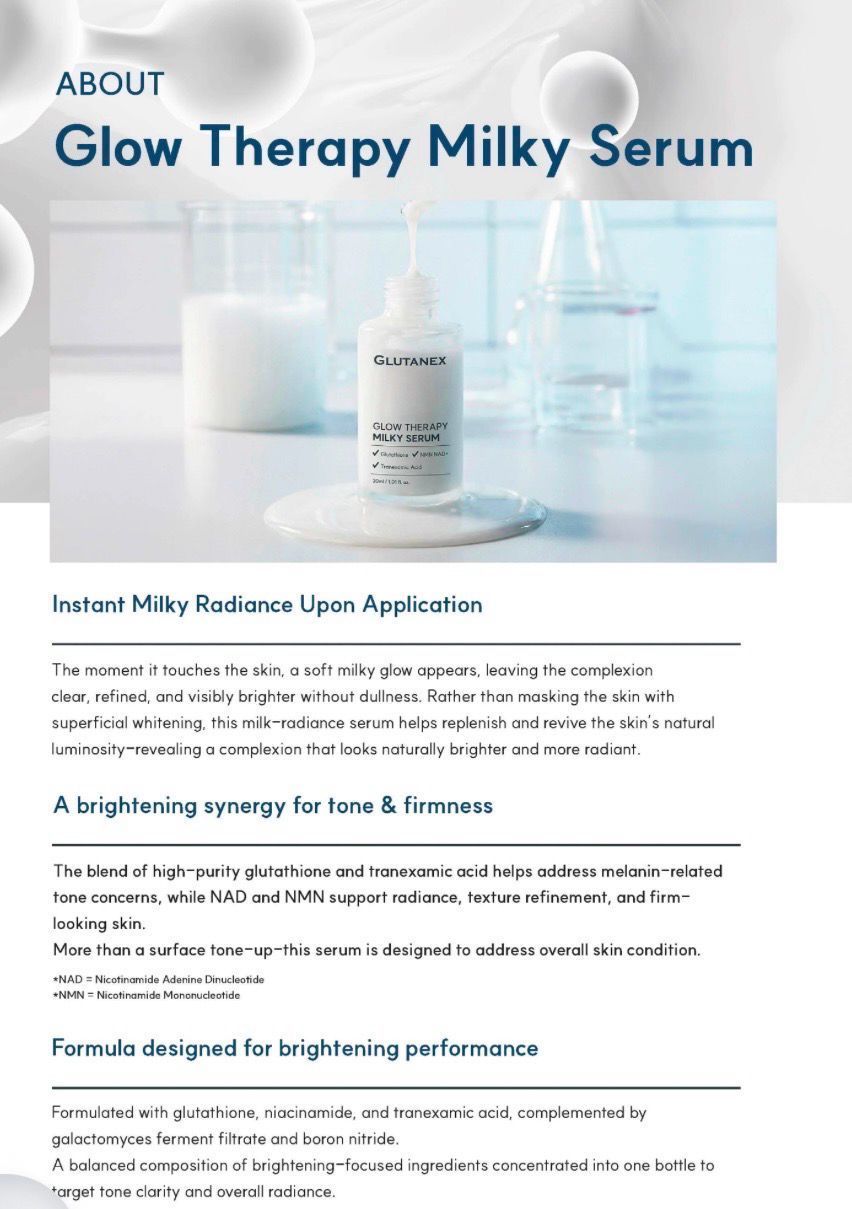 Glow Therapy Milky Serum ad with white serum bottles on a soft blue, cloudy background