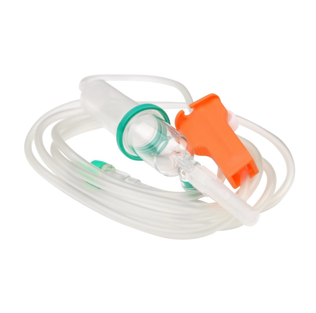 Clear medical oxygen mask with tubing and orange clip on a white background