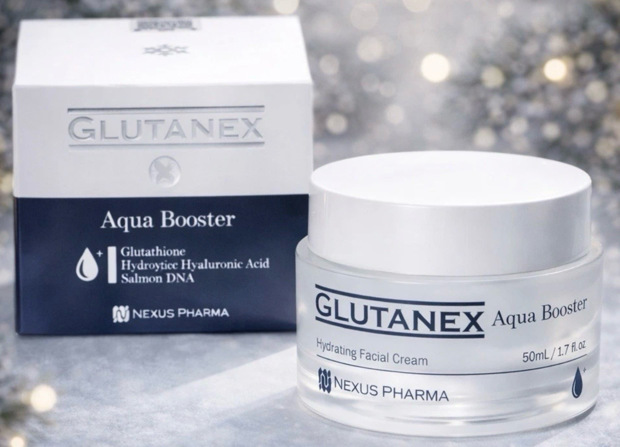 Glutanex Aqua Booster skincare cream jar and box on a shimmering silver background