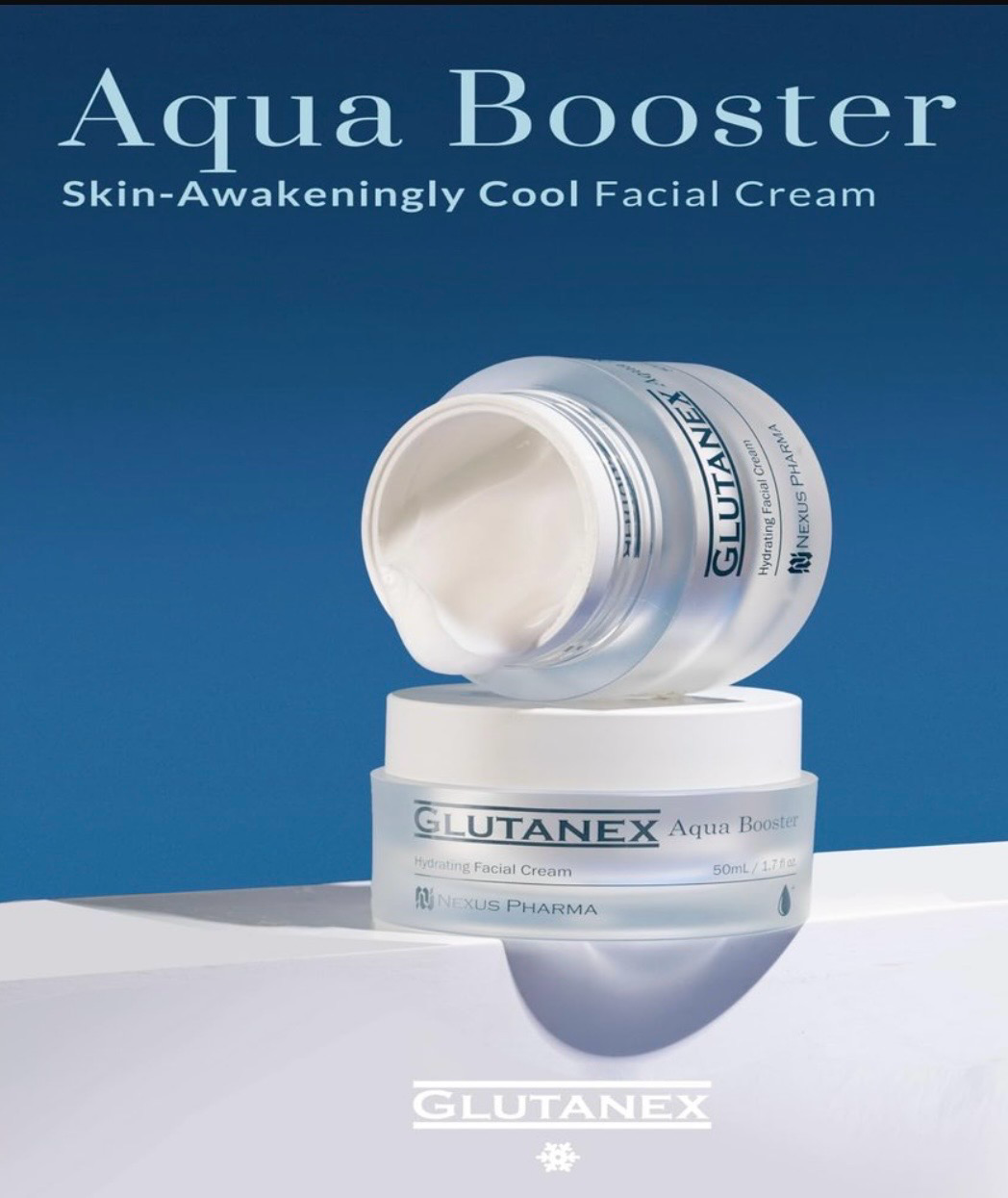 Blue GLUTANEX Aqua Booster skin-awakening cool facial cream jar and open cap on a blue background