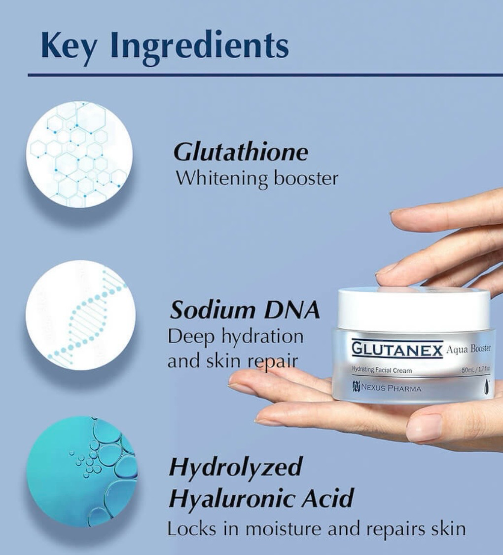 Beauty product ad listing key ingredients on blue background, with a hand holding a cream jar.