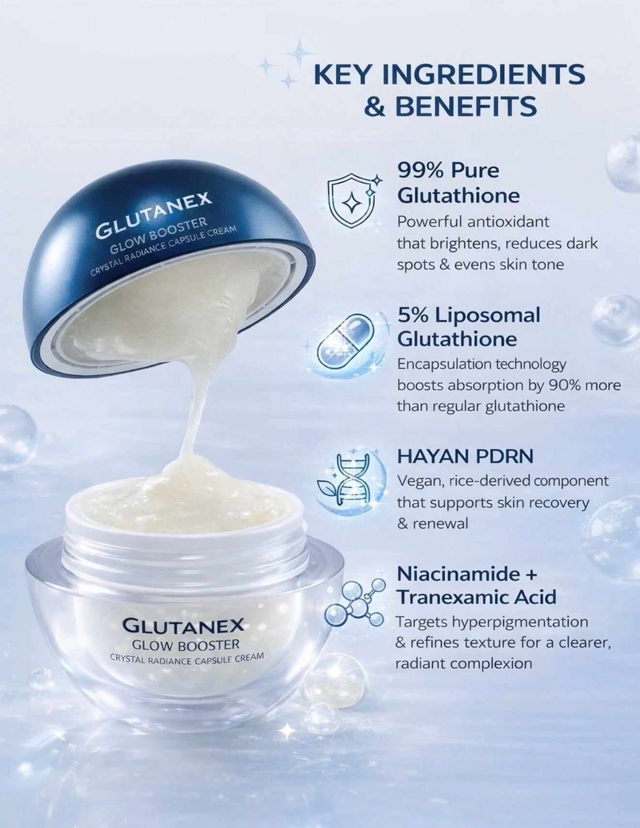 Blue skincare ad for GLUTANEX cream jar, highlighting key ingredients and benefits on a light background