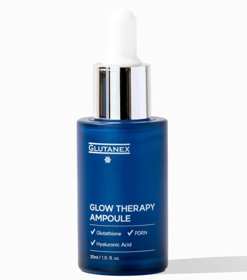 Blue GLUTANEX Glow Therapy ampoule bottle with white dropper cap on a white background