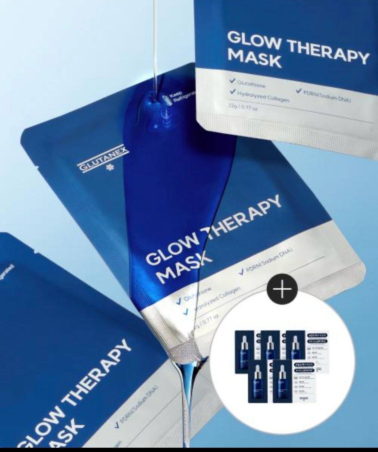 Blue glow therapy mask sachets fanned out on a light background, with close-up product labels visible