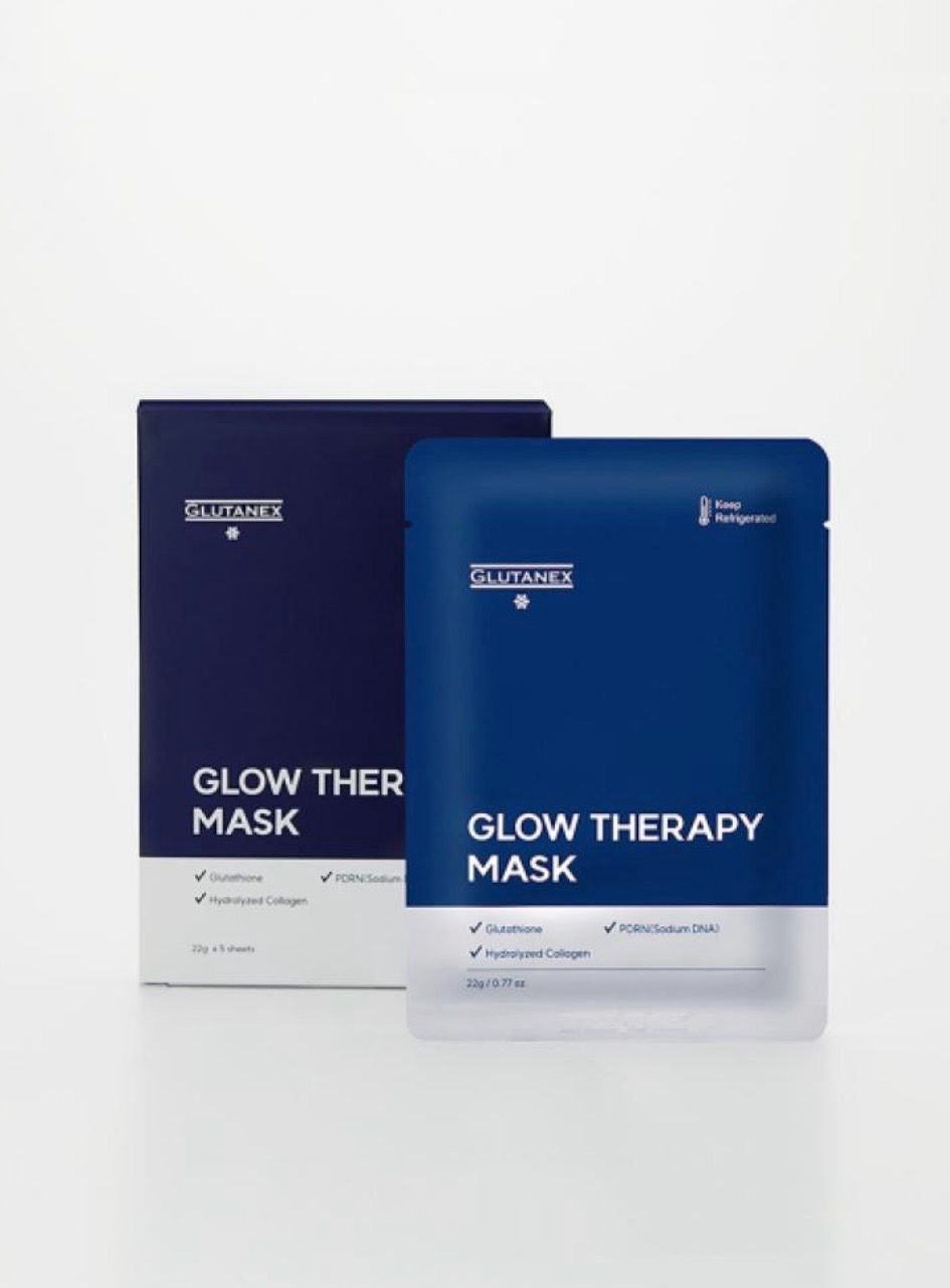 Two blue “Glow Therapy Mask” skincare packages on a white background