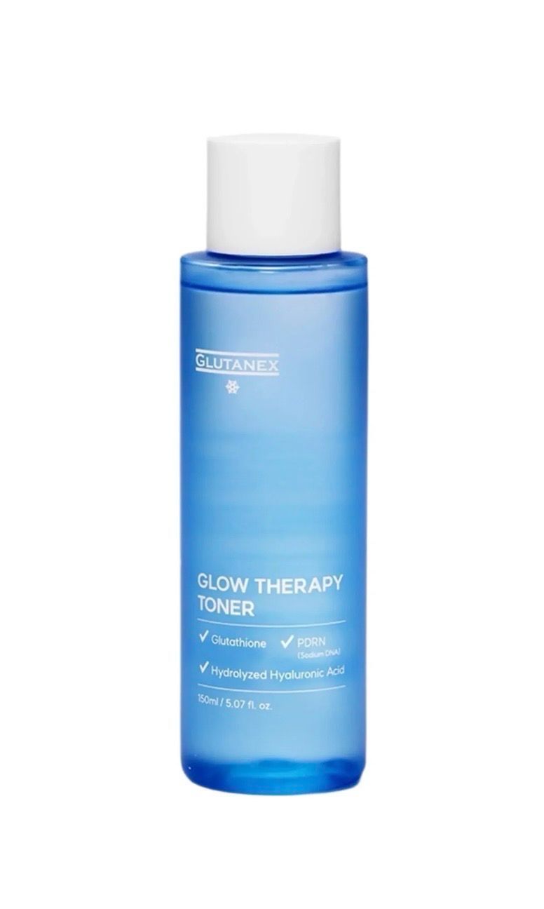Blue skincare toner bottle with white cap on a plain background