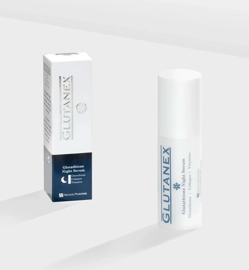 Two white GLUTAVEX skincare product boxes and a cylindrical bottle on a light gray background