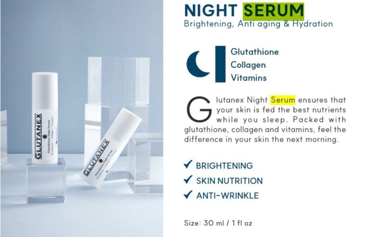 NIGHT SERUM ad with white bottles and text about brightening, antioxidants, collagen, and vitamins