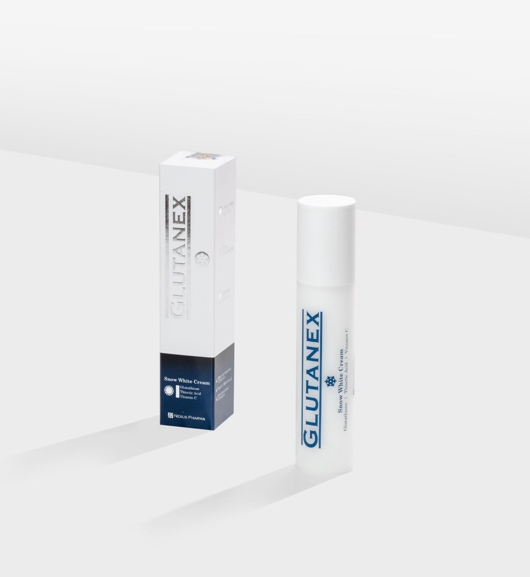 White Glutanex skincare product box and bottle on a light gray background