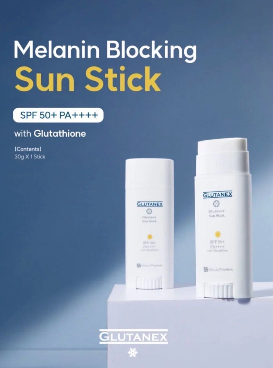 Melanin Blocking Sun Stick ad with two white sunscreen sticks on a blue background, SPF 50+ PA++++