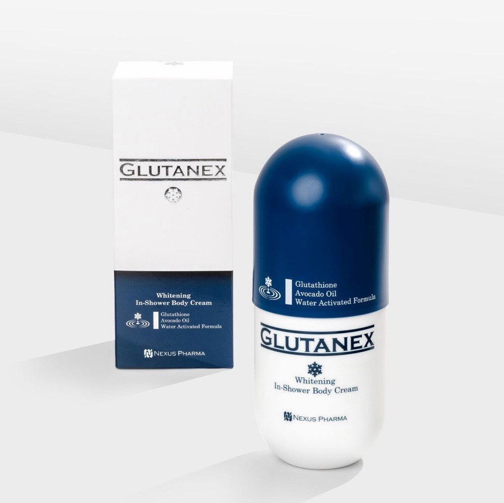 Two GLUTANEX skincare bottles, one white box and one blue-and-white bottle on a white background