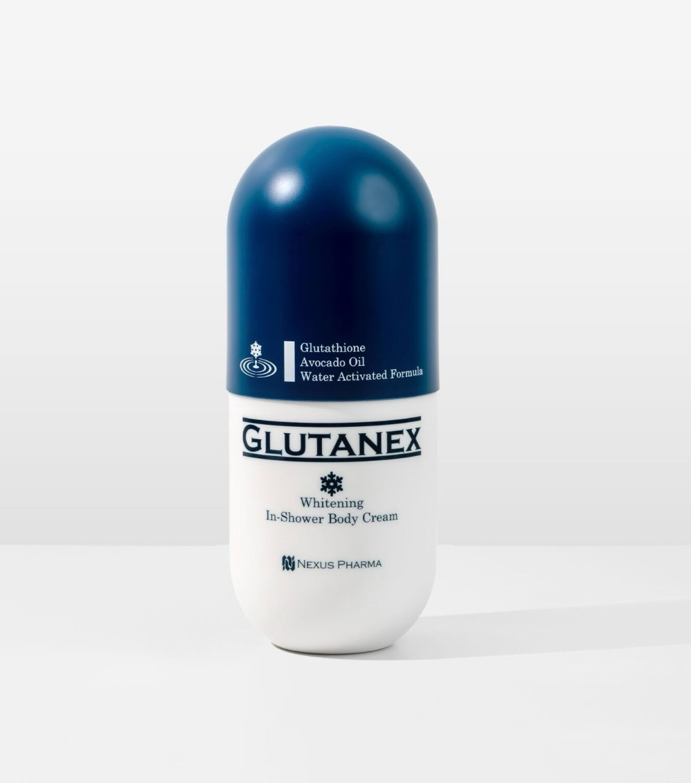 GLUTANEX supplement bottle with dark blue cap and white body on a plain white background