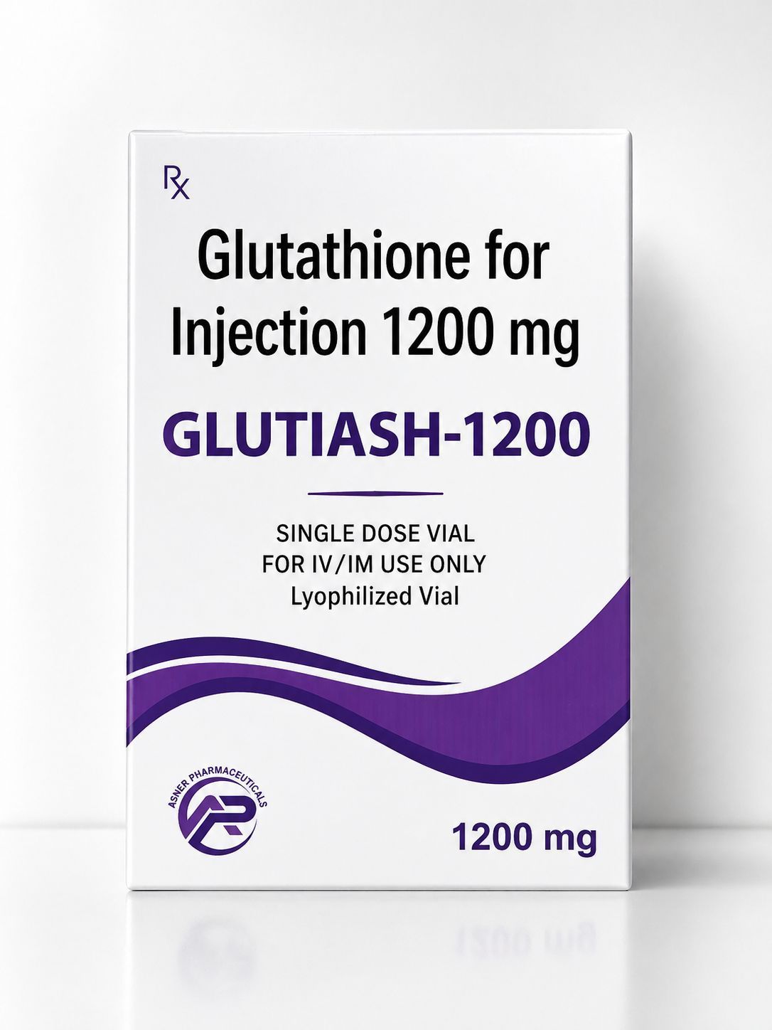 Glutathione for Injection 1200 mg box with white and purple packaging, labeled GLUTASH-1200