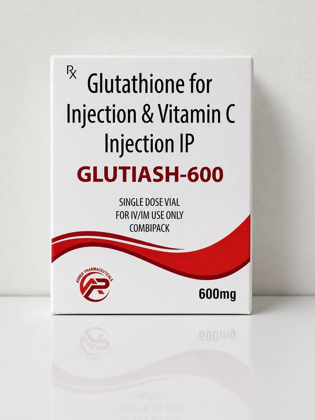 Box of Glutathione and Vitamin C injection, labeled GLUTIASH-600, 600mg, in white and red packaging