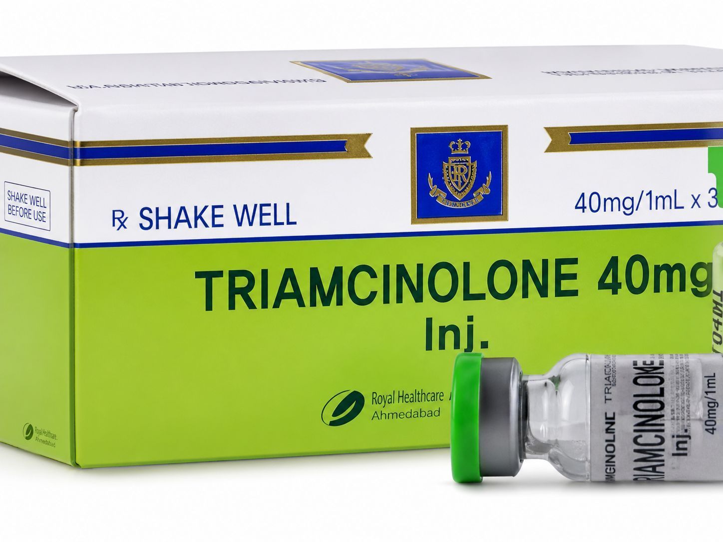 Triamcinolone 40 mg injection box with vial, green and white packaging, “shake well” label