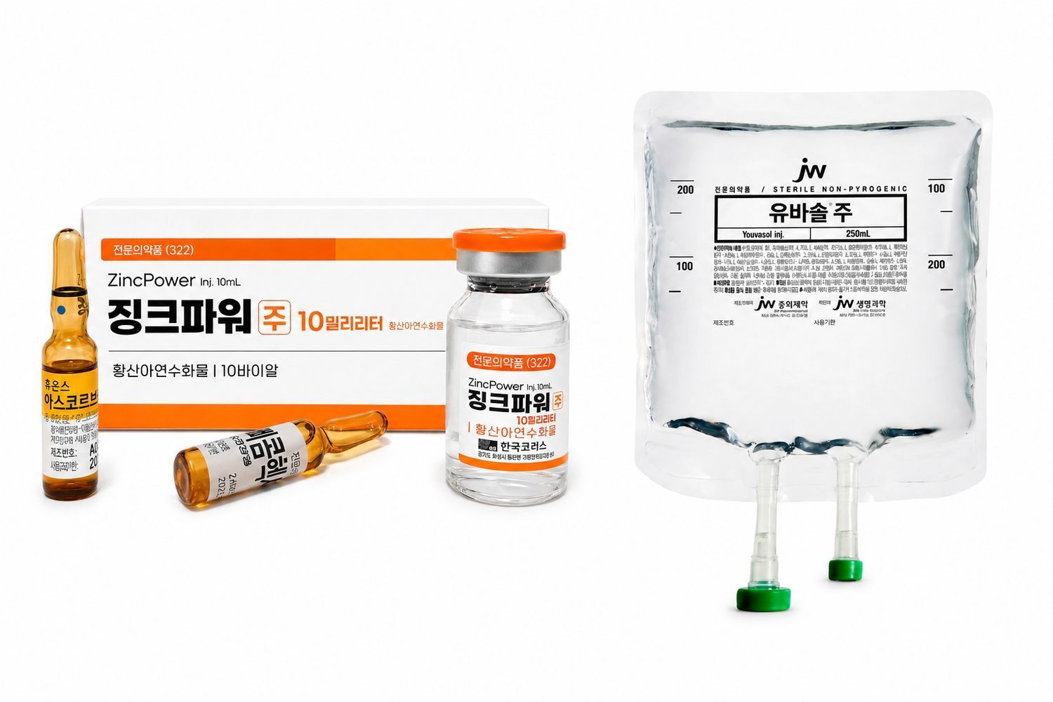 Korean medicine packaging: orange-and-white boxes, bottle, tube, and IV bag with Korean text