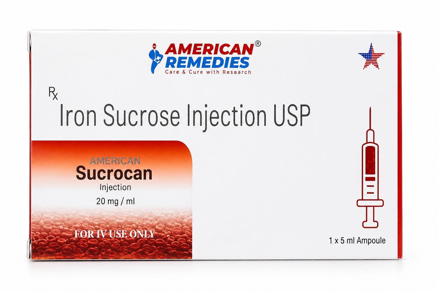 Iron sucrose injection box labeled Sucracan by American Remedies, white and orange packaging