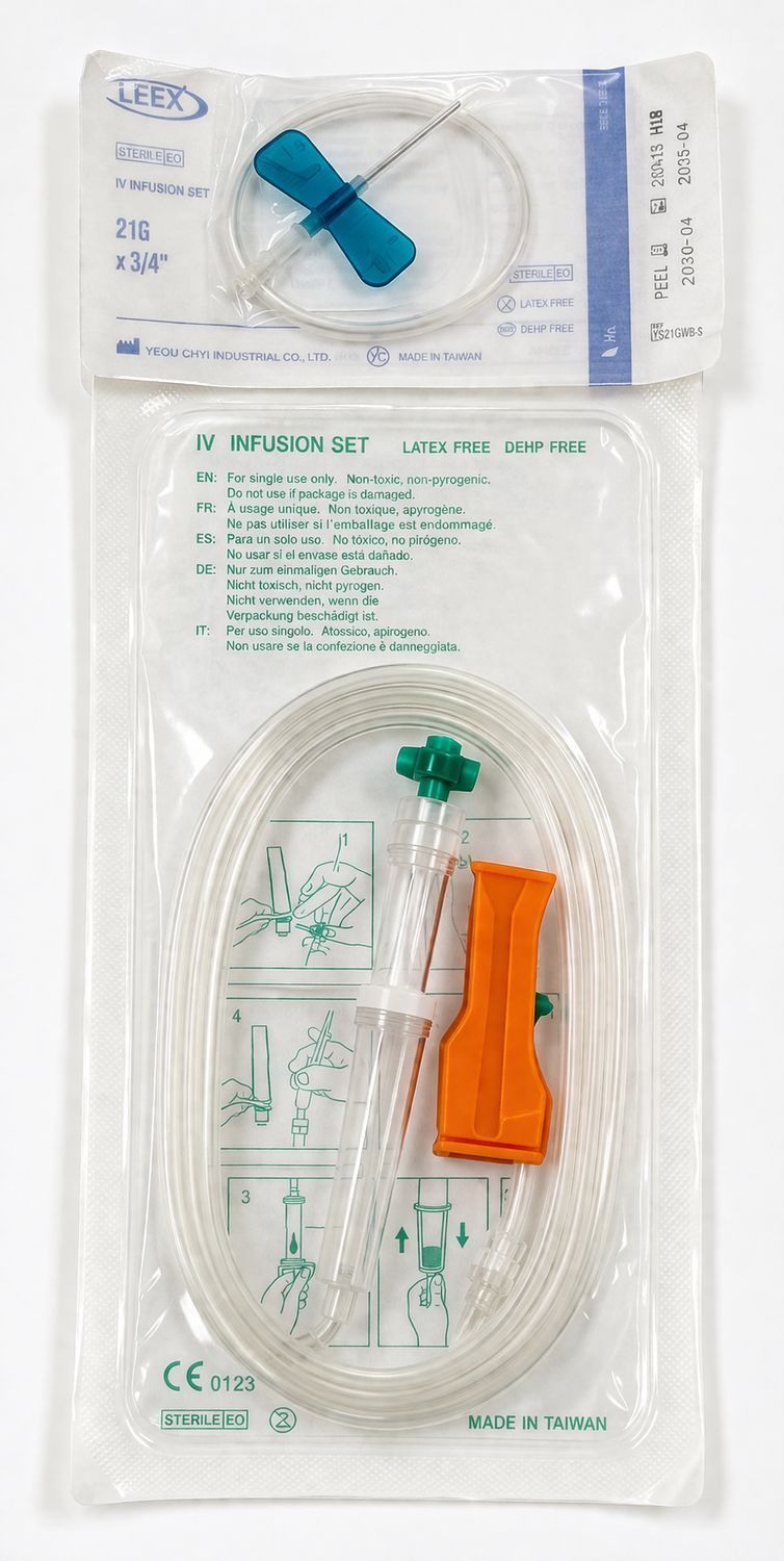 Sterile medical kit with coiled tubing, blue and orange connectors, sealed in plastic packaging