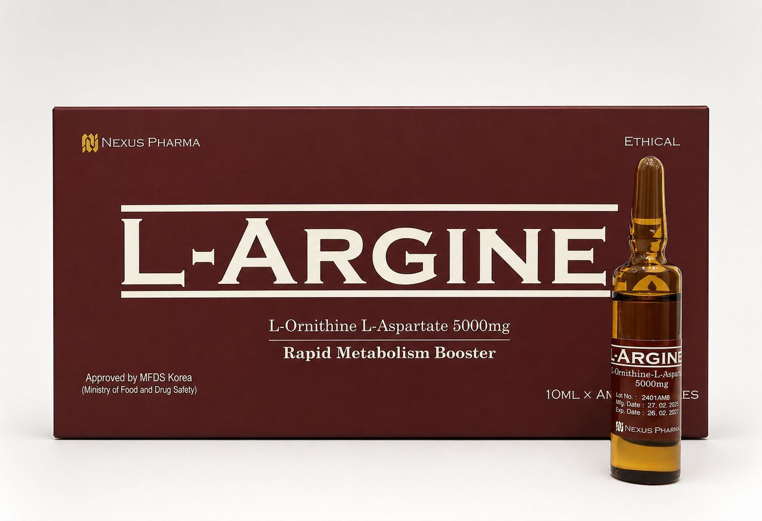 Brown L-Arginine supplement box with amber ampoule bottle on white background