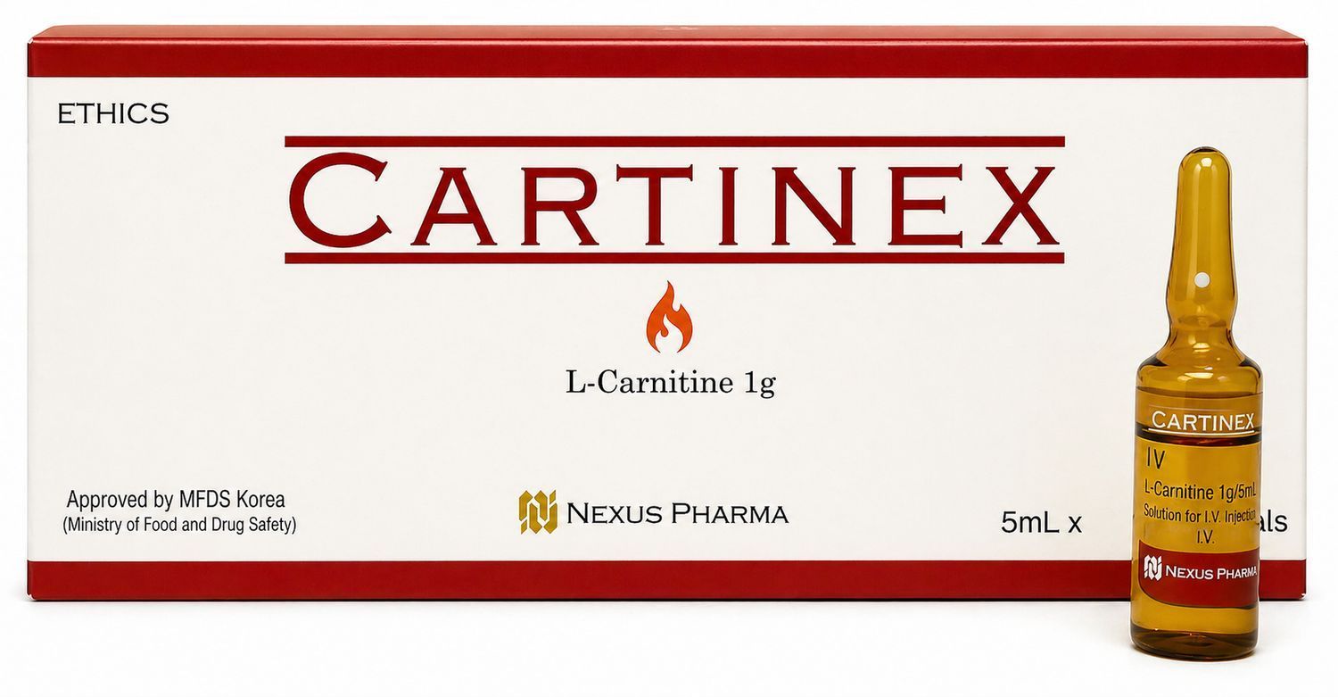 Cartinex L-Carnitine 10% box with amber ampoule, white and red packaging