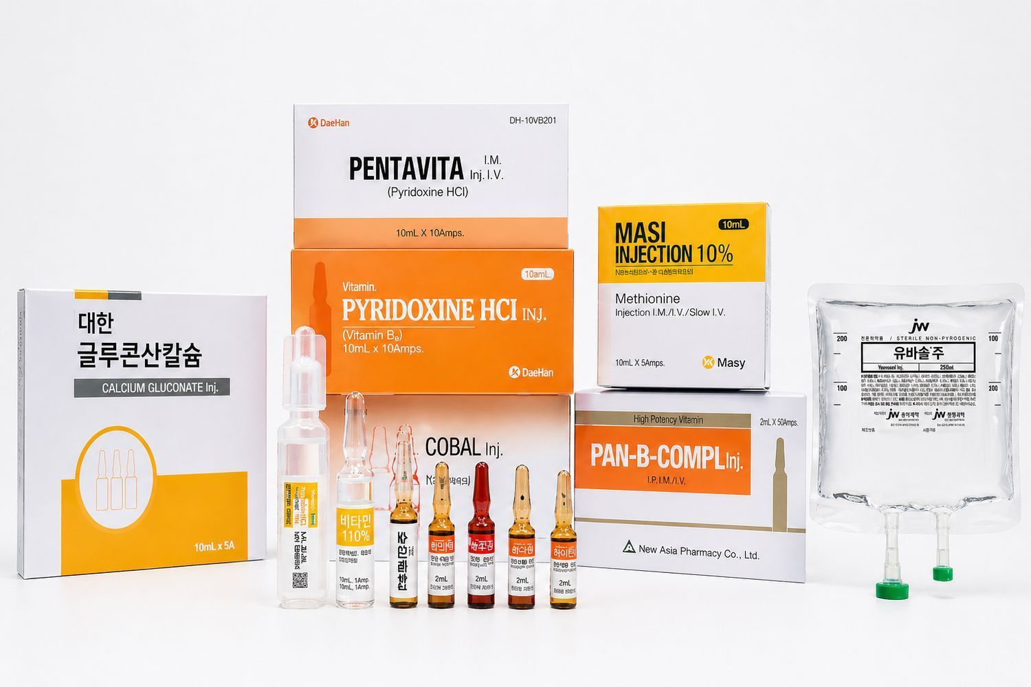 Assorted medicine boxes, ampoules, and IV bags arranged on a white background