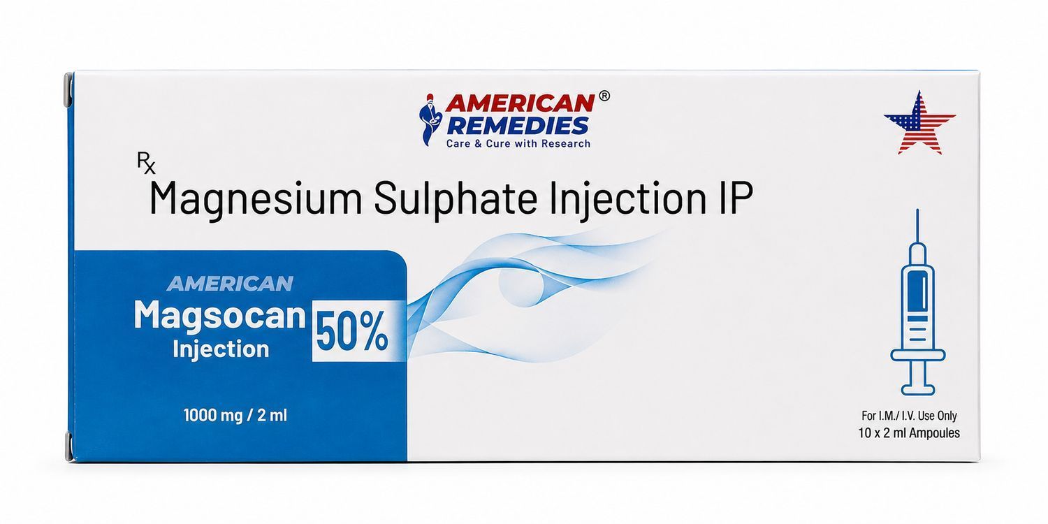 Box of Magnesium Sulphate Injection IP by American Remedies, white and blue pharmaceutical packaging