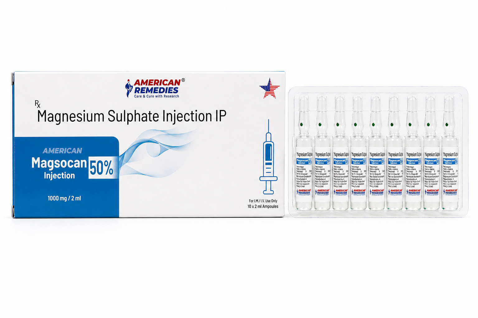 Magnesium Sulphate Injection IP box with blue ampoules arranged beside it