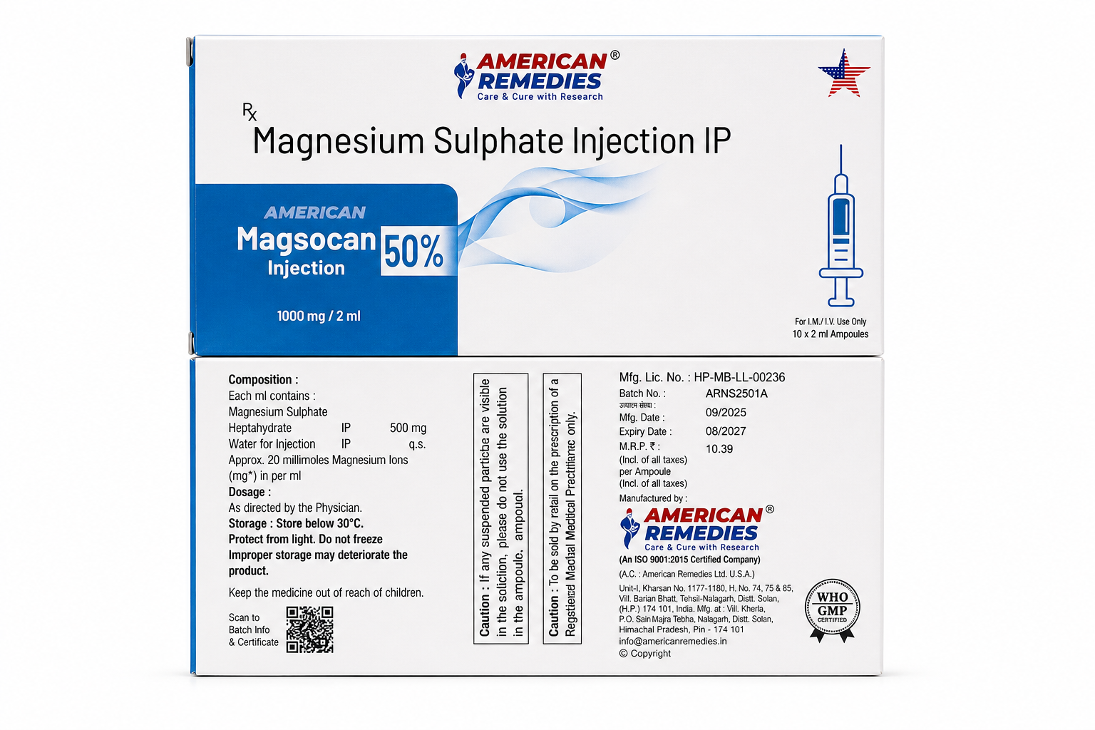 Box of magnesium sulfate injection IP, white and blue medical packaging with dosage details.