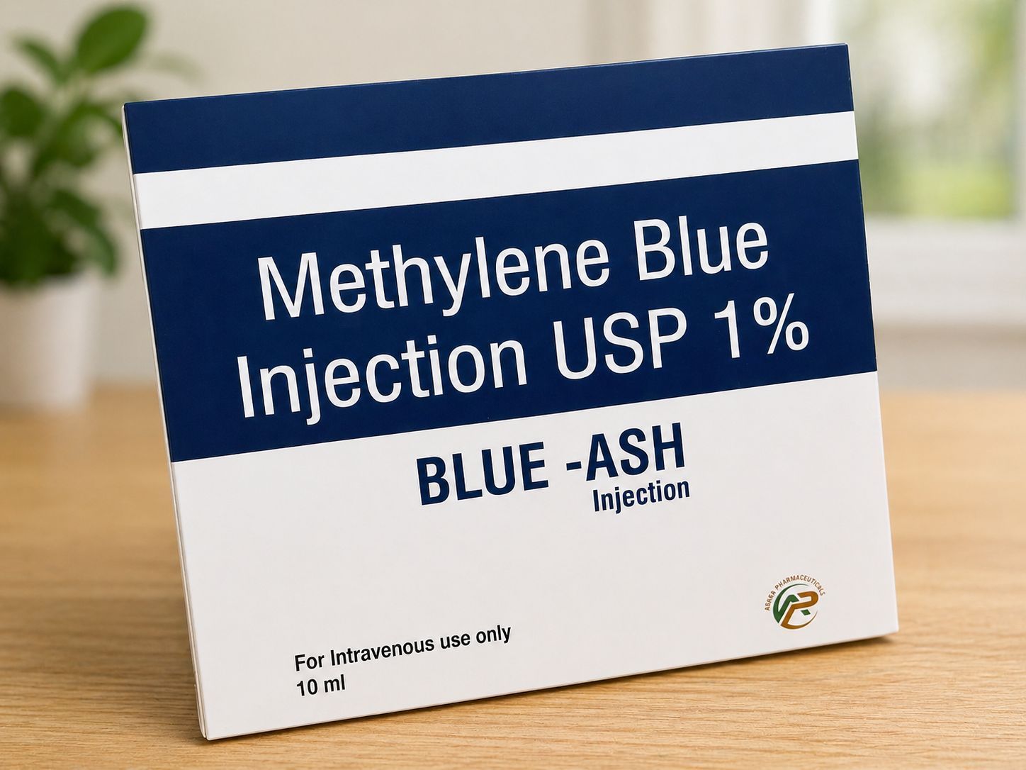 Methylene Blue Injection USP 1% box labeled BLUE-ASH on a tabletop
