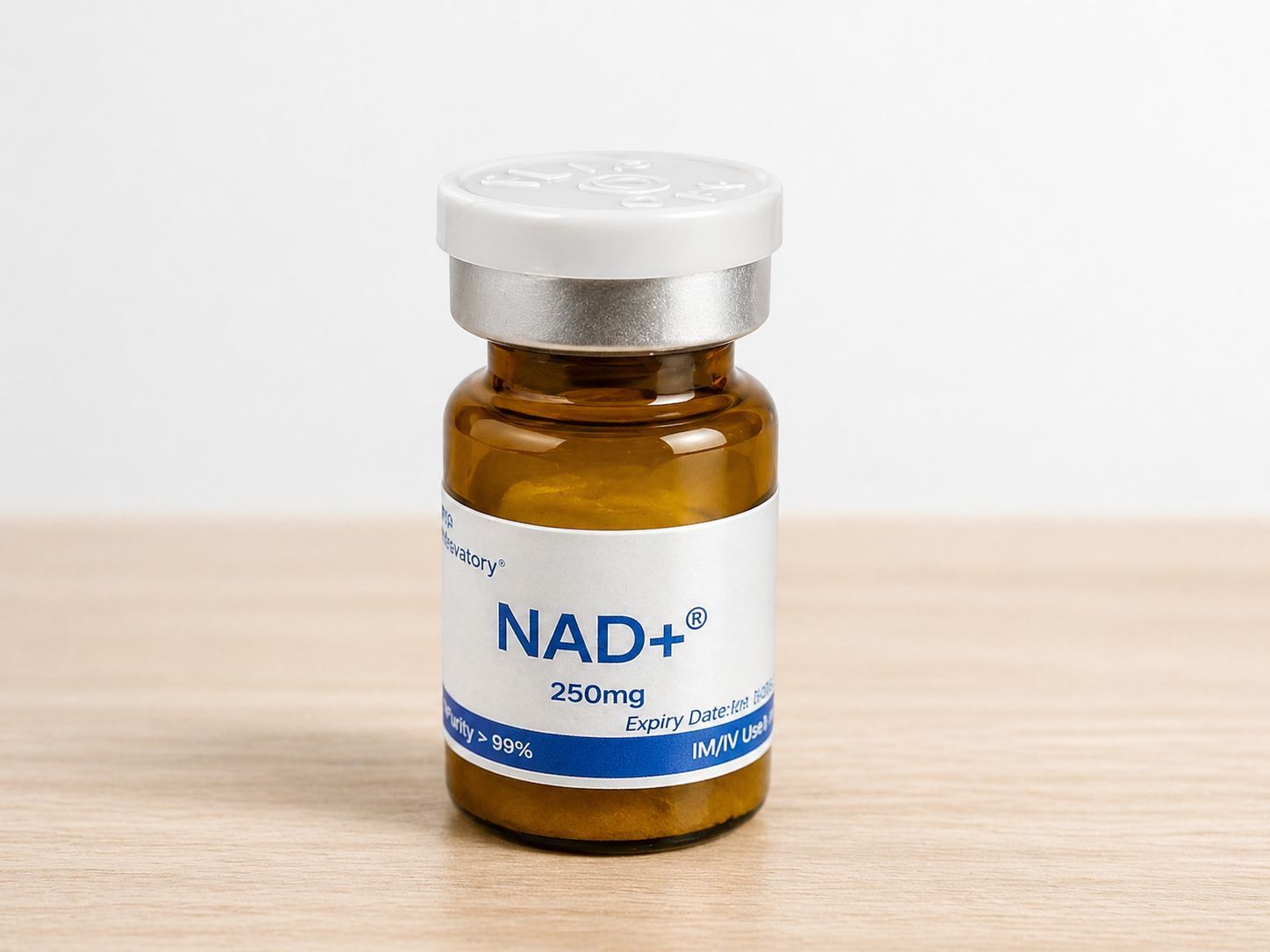 Amber bottle labeled “NAD+ 250mg” with a white cap on a wooden surface
