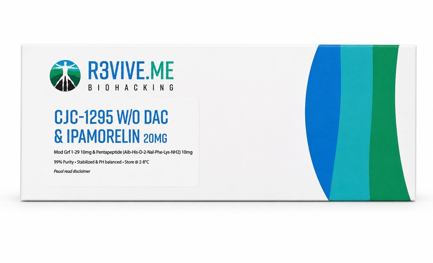 R3VIVE.ME packaging for CJC-1295 with DAC and Ipamorelin, white box with blue-green accents