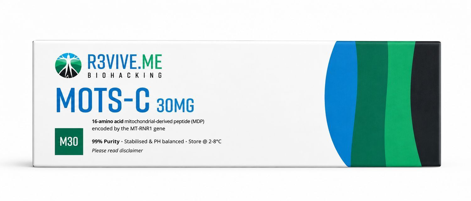 Box of RYBIME-MOTS-C 30MG medicine with teal, blue, and black design on white background