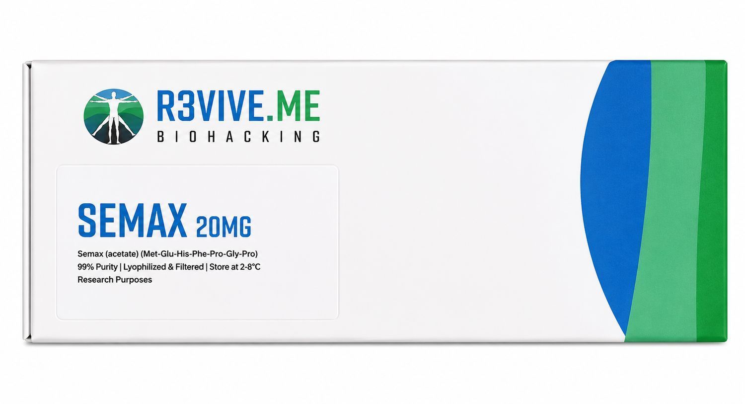 R3VIVE.ME Semax 20mg box with white background and blue-green accent design